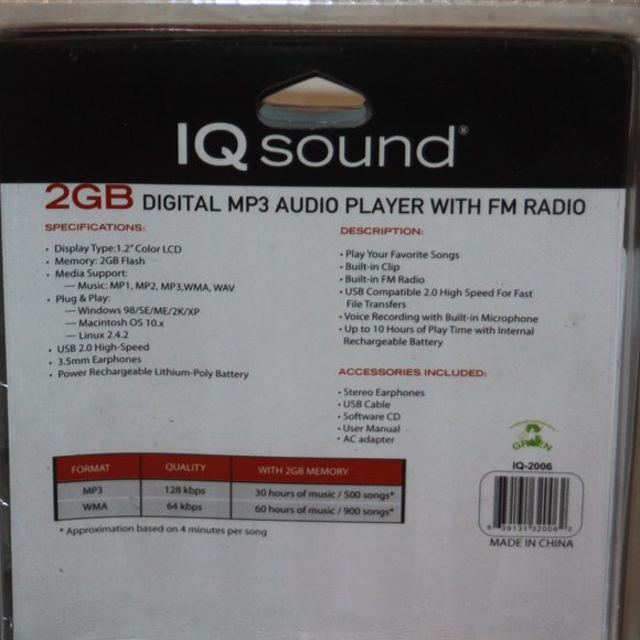 IQ Sound Digital Mp3 Audio Player With FM Radio 2GB Memory 900 Song Capacity - Picture 3 of 3